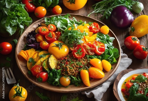 colorful plant based meal arranged aesthetically rustic wooden table fresh ingredients vibrant presentation, arrangement, array, culinary, dining, dish