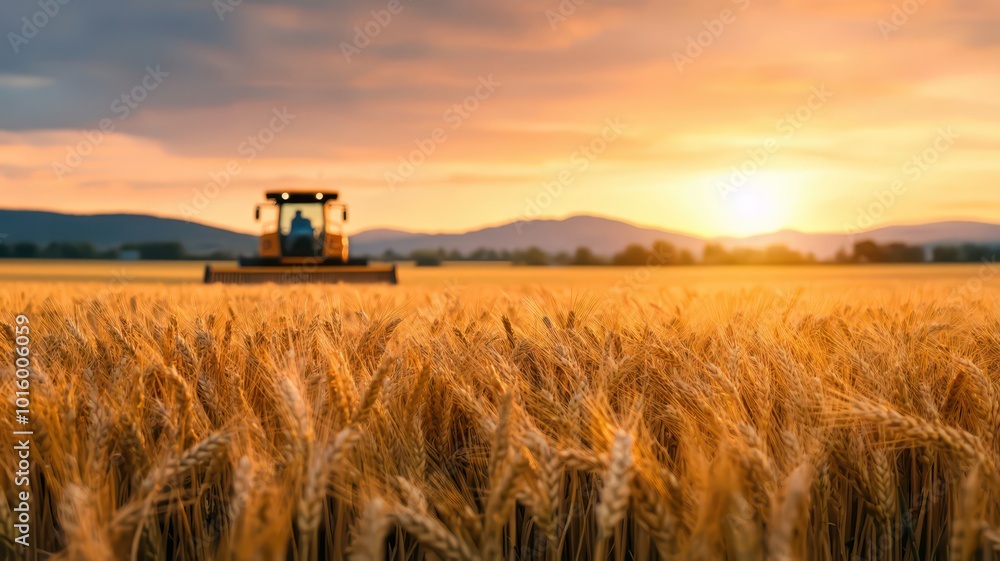 Fototapeta premium A breathtaking scene of golden barley fields being harvested by large machinery at dusk.