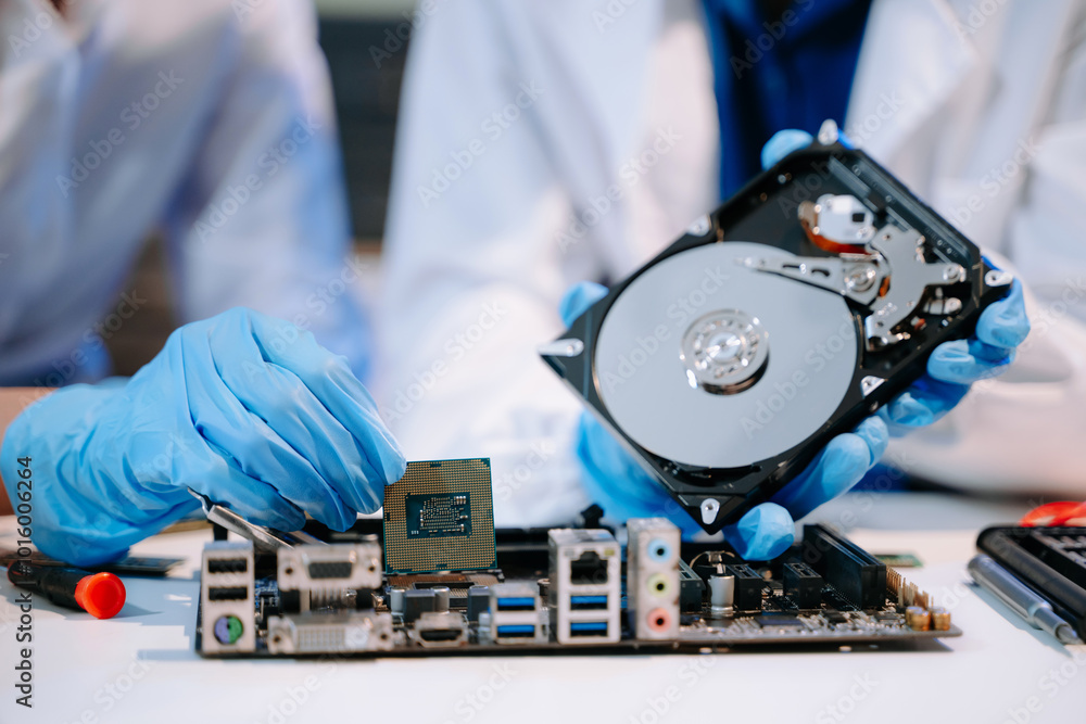 Naklejka premium Technician repairing inside of hard disk drive by screwdriver. the concept of data, hardware, technician