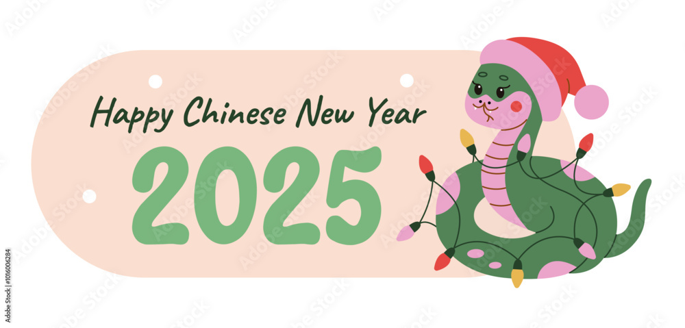 Fototapeta premium Festive snake with Christmas lights and Santa hat celebrating Chinese New Year 2025 in flat style. Fun and playful design for New Year greetings.