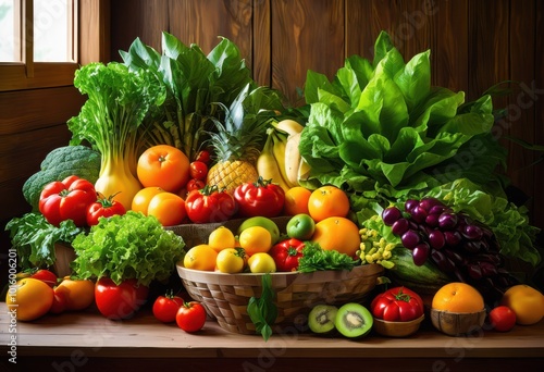 vibrant close fresh produce displayed clean environment lushness detail, vegetables, fruits, tomatoes, lettuce, carrots, cucumbers, peppers, radishes