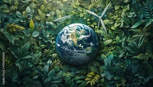 Detailed depiction of wind turbines and Earth amidst a backdrop of lush greenery, highlighting the themes of renewable energy and ecological sustainability