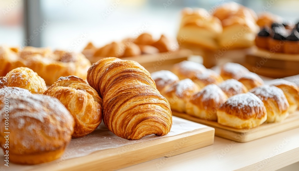 Freshly Baked Croissants and Pastries on Wooden Tray Freshly Baked Croissants and Pastries on Wooden Tray