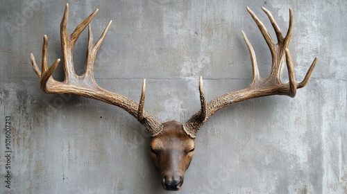 A large set of deer antlers mounted on a textured gray wall. photo