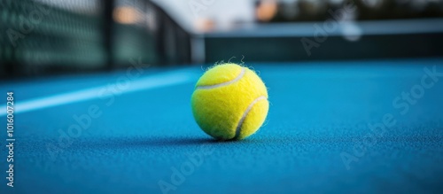 A yellow tennis ball lies on a blue tennis court.