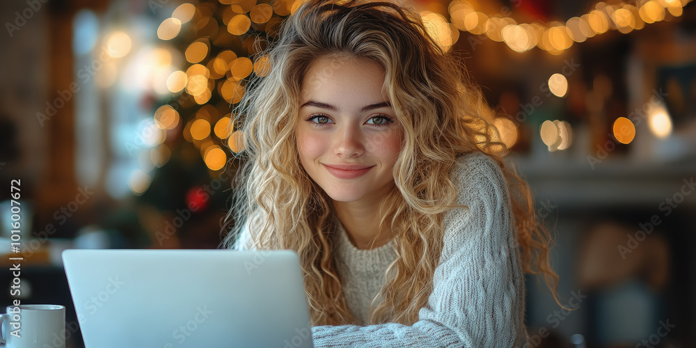 Photo of young smiling curly blonde woman sitting in front of laptop at table at home, blurred background with christmas tree, working on computer, online gift shopping, internet, new year Photo of young smiling curly blonde woman sitting in front of laptop at table at home, blurred background with christmas tree, working on computer, online gift shopping, internet, new year