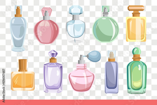 Perfume in different colorful bottles, for choosing best smell and aroma created from natural flowers. Women perfume with addition of long-lasting essences to complement evening look.