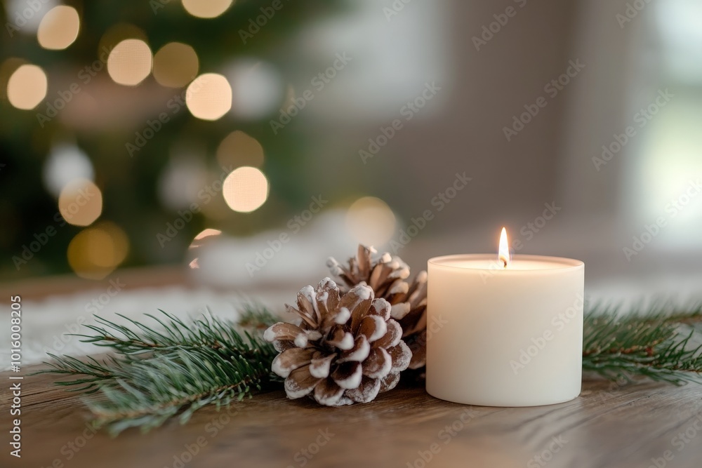 A white candle alongside frosted pinecones and green pine, set against a softly blurred background with a festive bokeh effect, ideal for holiday atmosphere creation. A white candle alongside frosted pinecones and green pine, set against a softly blurred background with a festive bokeh effect, ideal for holiday atmosphere creation.