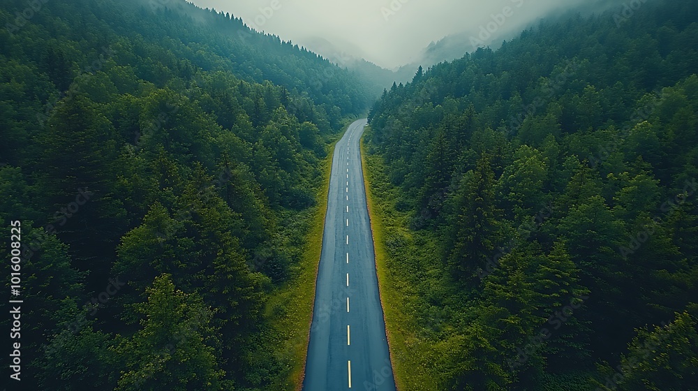 Obraz premium An aerial view of a winding road through a lush green forest on a misty day.