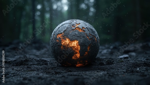 Fototapeta Naklejka Na Ścianę i Meble -  Burning earth globe in winter forest