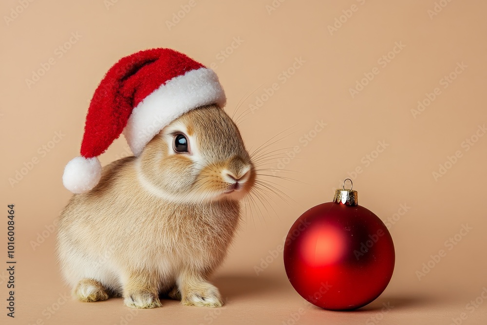 A cute bunny in a Santa hat poses next to a red ornament, capturing a joyful and whimsical Christmas spirit with a touch of holiday warmth and fun in the scene. A cute bunny in a Santa hat poses next to a red ornament, capturing a joyful and whimsical Christmas spirit with a touch of holiday warmth and fun in the scene.