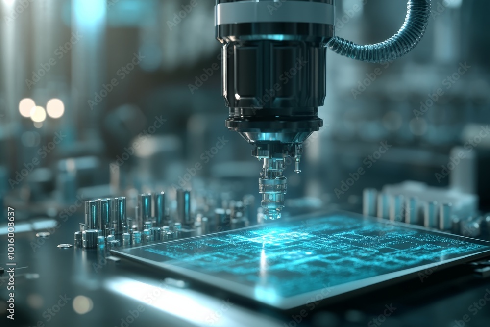 A high-tech machine operates meticulously on a microchip, representing precision engineering, technological advancement, and complex innovation in modern electronics. A high-tech machine operates meticulously on a microchip, representing precision engineering, technological advancement, and complex innovation in modern electronics.