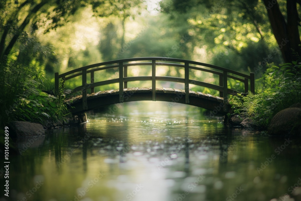 A serene wooden bridge arches gracefully over a calm forest stream, surrounded by lush greenery, capturing a peaceful and tranquil natural scene in soft focus. A serene wooden bridge arches gracefully over a calm forest stream, surrounded by lush greenery, capturing a peaceful and tranquil natural scene in soft focus.