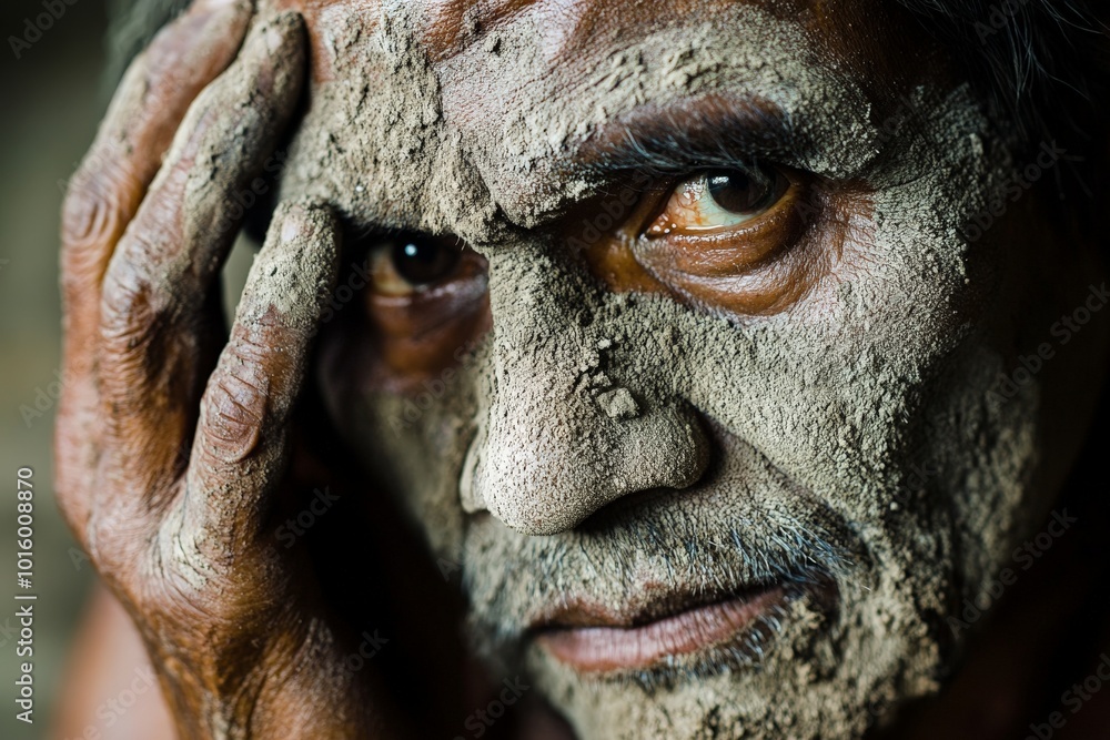A close-up portrait of an elder with a face covered in clay, showcasing a deep and intense gaze, illustrating a raw and captivating moment full of expression. A close-up portrait of an elder with a face covered in clay, showcasing a deep and intense gaze, illustrating a raw and captivating moment full of expression.