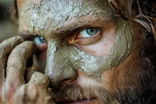 A closeup shot of a man applying clay to his face, likely representing themes of nature, self-expression, and cultural or ritualistic practices, with striking blue eyes. photo