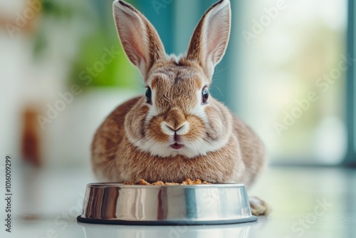 A chubby, light brown rabbit munching deliciously from a shiny silver bowl on a sleek surface, with a bright and softly blurred indoor setting as backdrop. photo