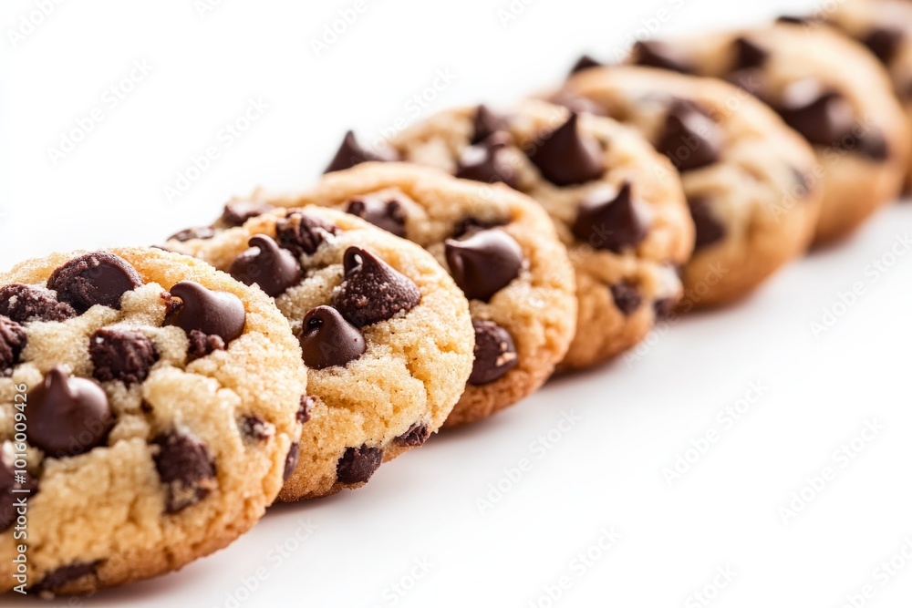 A line of chocolate chip cookies, perfectly aligned on a white backdrop, emphasizing the uniformity and appealing presentation of these beloved baked goods. A line of chocolate chip cookies, perfectly aligned on a white backdrop, emphasizing the uniformity and appealing presentation of these beloved baked goods.