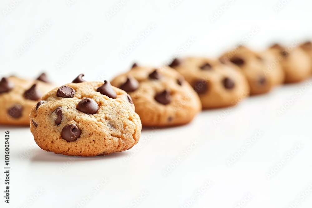 A single chocolate chip cookie stands out in focus among a row of similarly baked treats, drawing attention to its well-defined structure and appetizing appearance. A single chocolate chip cookie stands out in focus among a row of similarly baked treats, drawing attention to its well-defined structure and appetizing appearance.