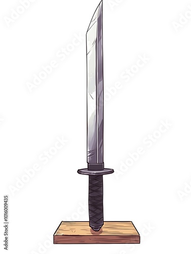 Cartoon Illustration of a Silver Sword with Black Handle on a Wooden Stand. photo