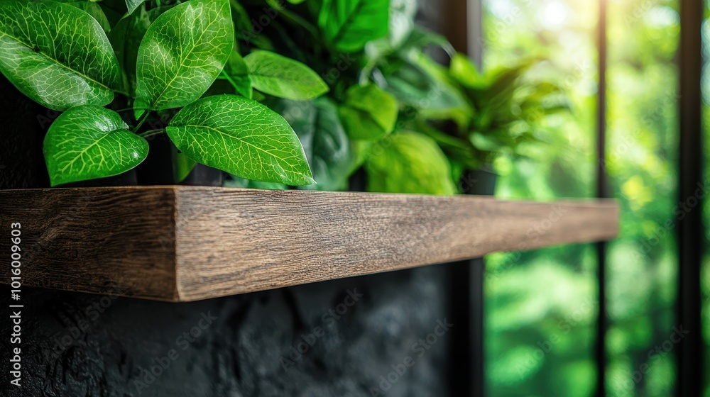 Lush green leaves on a wooden shelf Lush green leaves on a wooden shelf