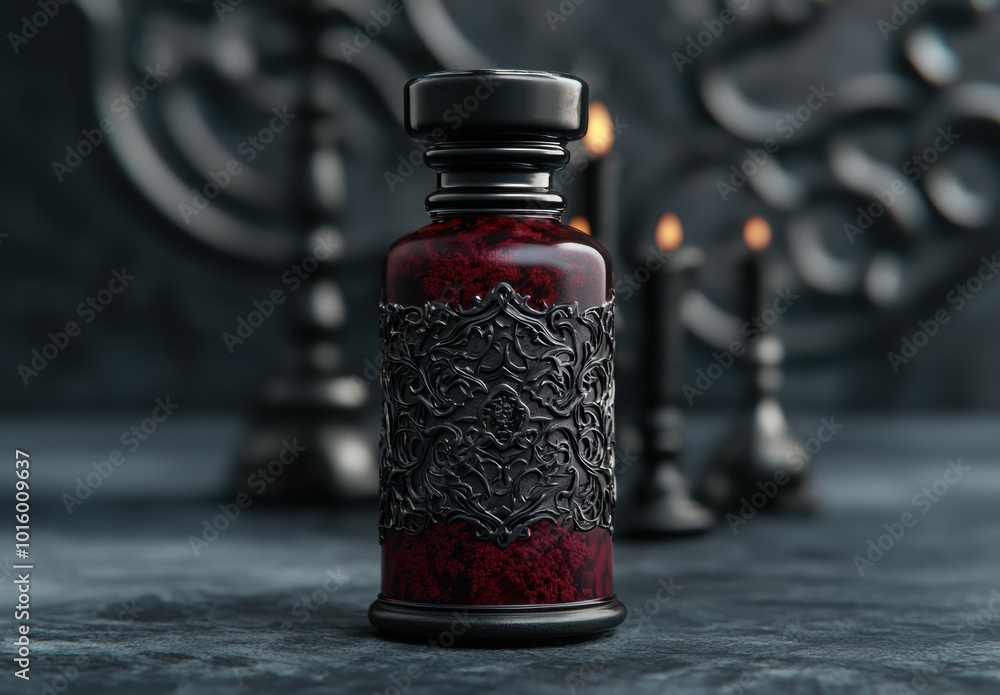 Ornate glass bottle with dark red liquid Ornate glass bottle with dark red liquid