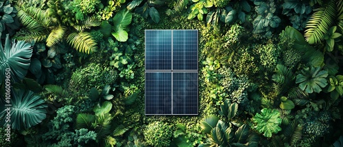 Solar panels among lush greenery with Earth in the background, representing ecofriendly energy solutions and environmental protection, highresolution photo