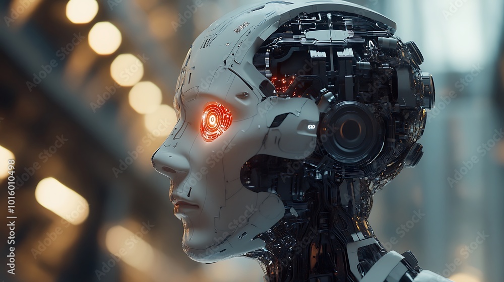 Fototapeta premium Cybernetic human glowing with intricate futuristic circuitry details in high-tech form