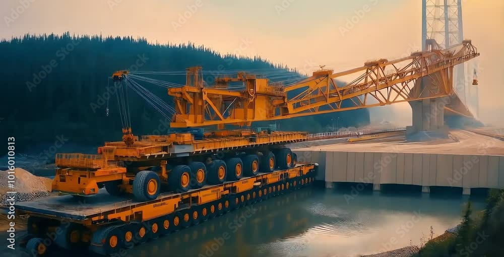 A large yellow crane is being transported on a flatbed trailer across a river. The crane is partially extended with a hook hanging down. The trailer is carrying many tires and has a yellow railing A large yellow crane is being transported on a flatbed trailer across a river. The crane is partially extended with a hook hanging down. The trailer is carrying many tires and has a yellow railing