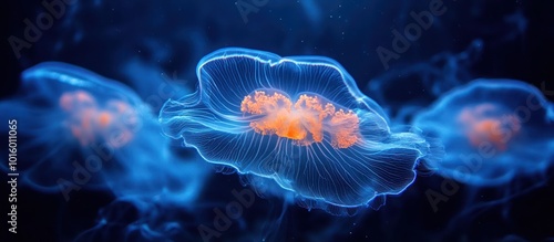 A close-up of a bioluminescent jellyfish with orange markings, surrounded by other jellyfish in a dark blue water. photo