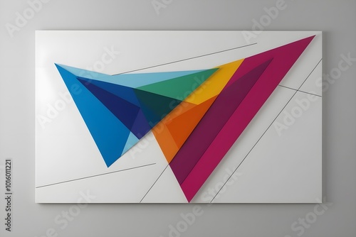 Minimalist abstract artwork featuring a series of bold, overlapping triangles in a spectrum of vibrant colours.