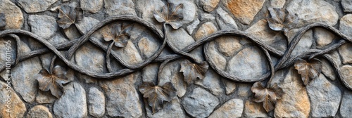 Vine Leaves Entwined with Stone Wall, A detailed view of lush vine leaves weaving together, creating a striking contrast against rugged stone.