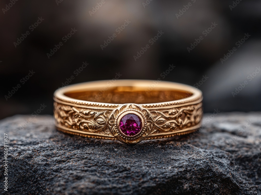 Ornate gold ring with purple gemstone Ornate gold ring with purple gemstone
