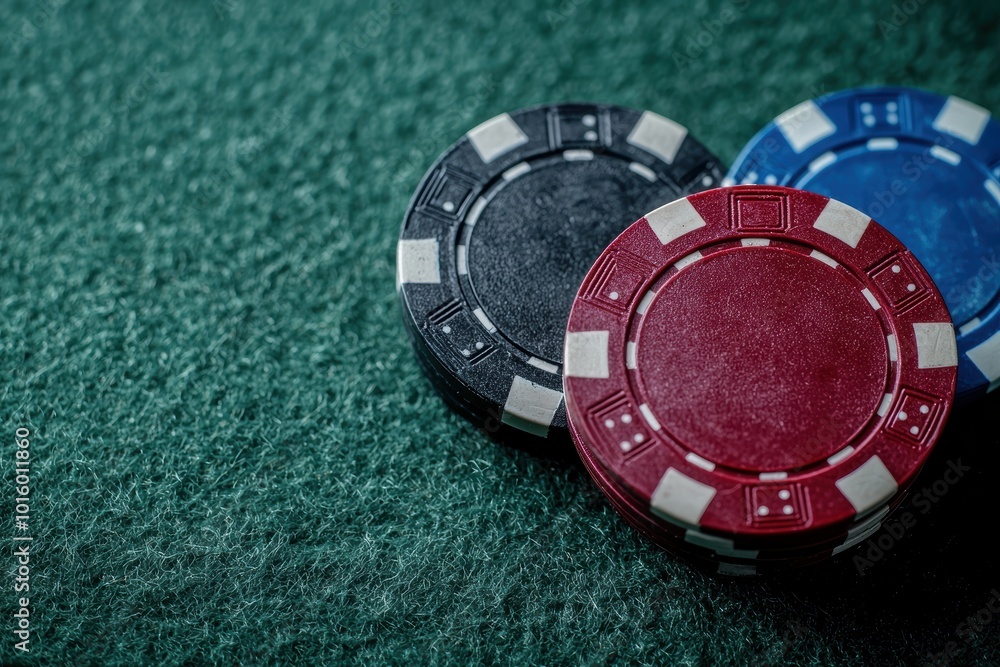Assorted casino poker chips on green felt Assorted casino poker chips on green felt