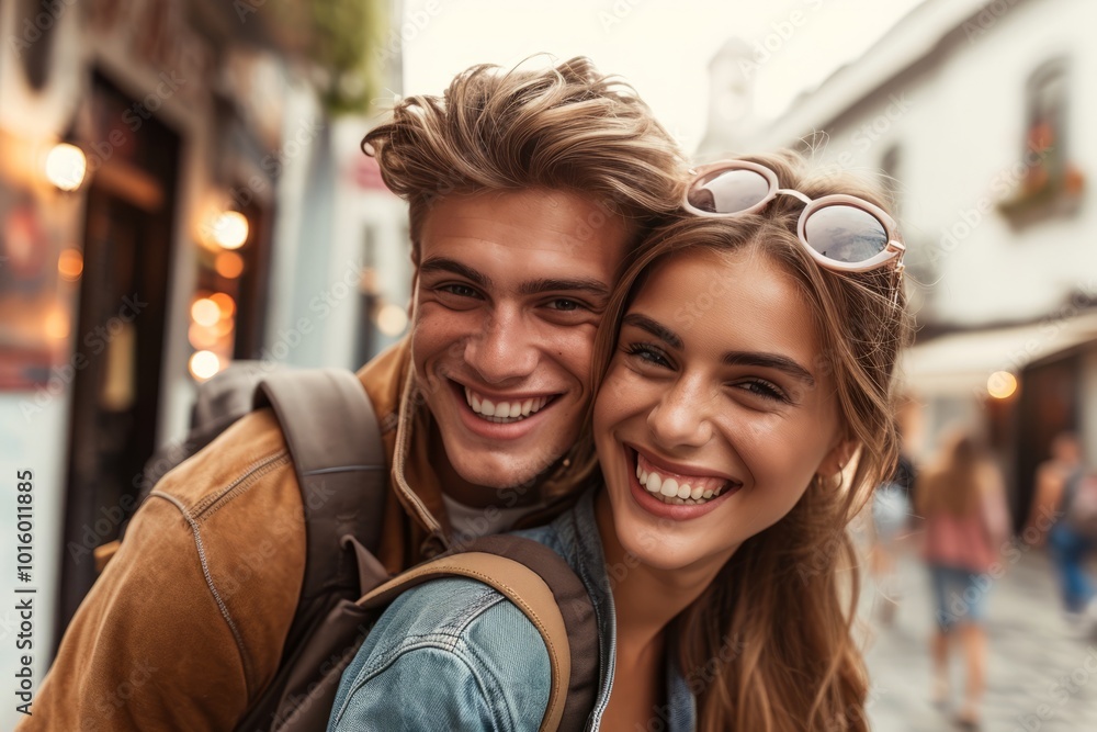 Happy young couple is hugging and smiling while walking in the city. Happy young couple is hugging and smiling while walking in the city.