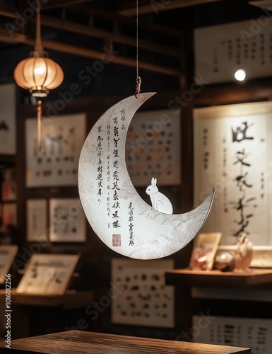 In the picture, there is an origami moon with tradtional chinese There's also a cute rabbit made from paper inside the crescent shape whit background photo