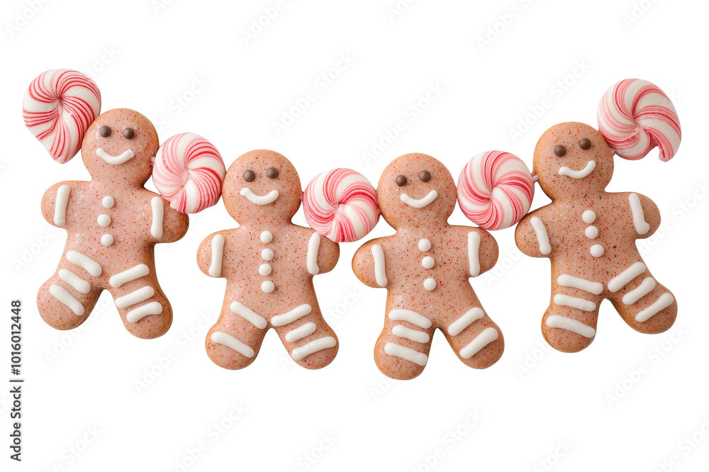 Four festive gingerbread men with peppermint candies on a white isolated background. Four festive gingerbread men with peppermint candies on a white isolated background.