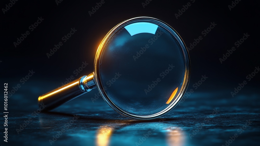 A magnifying glass sits on a dark blue surface with a glowing orange light reflecting off the glass. A magnifying glass sits on a dark blue surface with a glowing orange light reflecting off the glass.