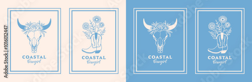 Coastal cowgirl west coast western floral boots cow skull pastel blue aesthetic summer country girl poster print home decor. Retro vintage boho cottagecore flowers printable design cut file pack set.