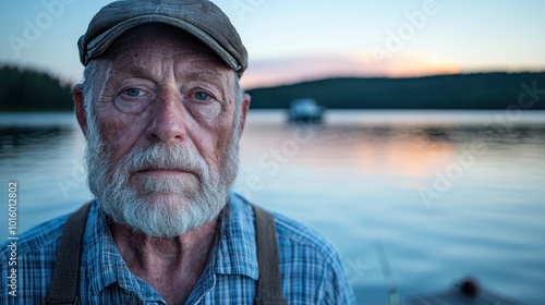 Weathered senior man with beard at sunset by lake
