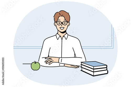 Male student in glasses sit at desk with books. Smiling man with textbooks on table in university or college. Education and wisdom. Vector illustration.