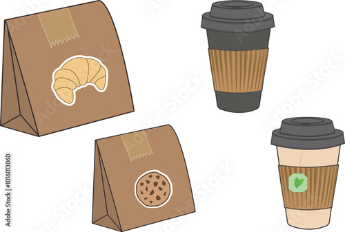 Coffee cups, packed bakery, paper bag