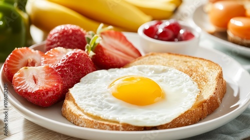 Fried Egg on Toast with Strawberries and Bananas