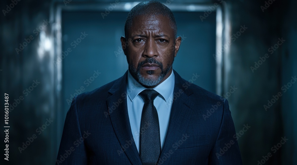 serious businessman in dark suit standing in doorway serious businessman in dark suit standing in doorway