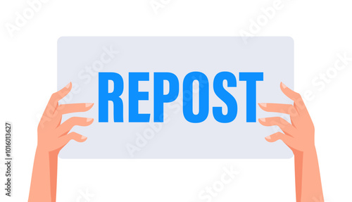 Hands holding repost sign sharing viral content online