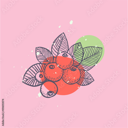 Linear, contour drawing of fruits on a colored background with abstract figures is a modern type of printed art for discounts, price tags, printing