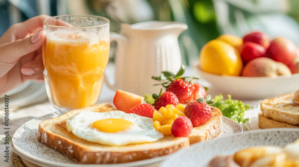 Delicious Breakfast with Orange Juice, Fried Egg, and Fresh Fruit Delicious Breakfast with Orange Juice, Fried Egg, and Fresh Fruit