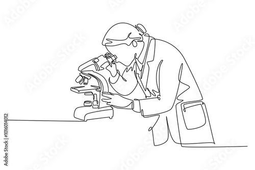 Continuous one line drawing of female scientist researching antibiotic formula using microscope to find covid vaccine. Coronavirus medical research. Single line draw design vector graphic illustration