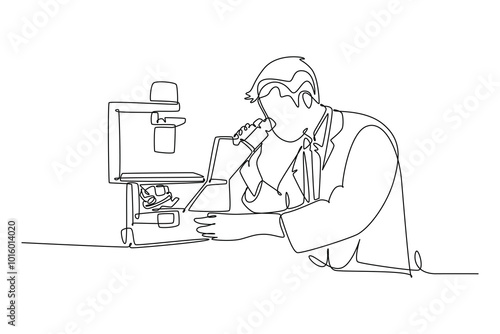 Continuous one line drawing of male scientist analyze corona virus cause covid 19 disease using laboratory microscope. Coronavirus medical research. Single line draw design vector graphic illustration
