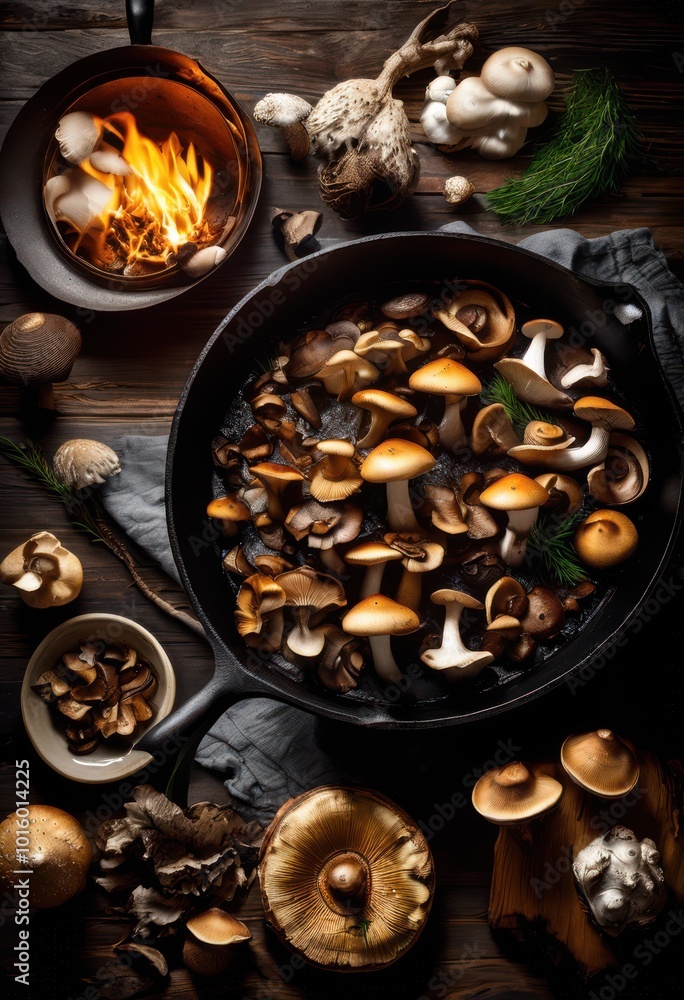 close assorted mushrooms sizzling skillet golden brown texture rich colors capturing appetizing detail, cooking, heat, aroma, delicious, ingredient, frying close assorted mushrooms sizzling skillet golden brown texture rich colors capturing appetizing detail, cooking, heat, aroma, delicious, ingredient, frying