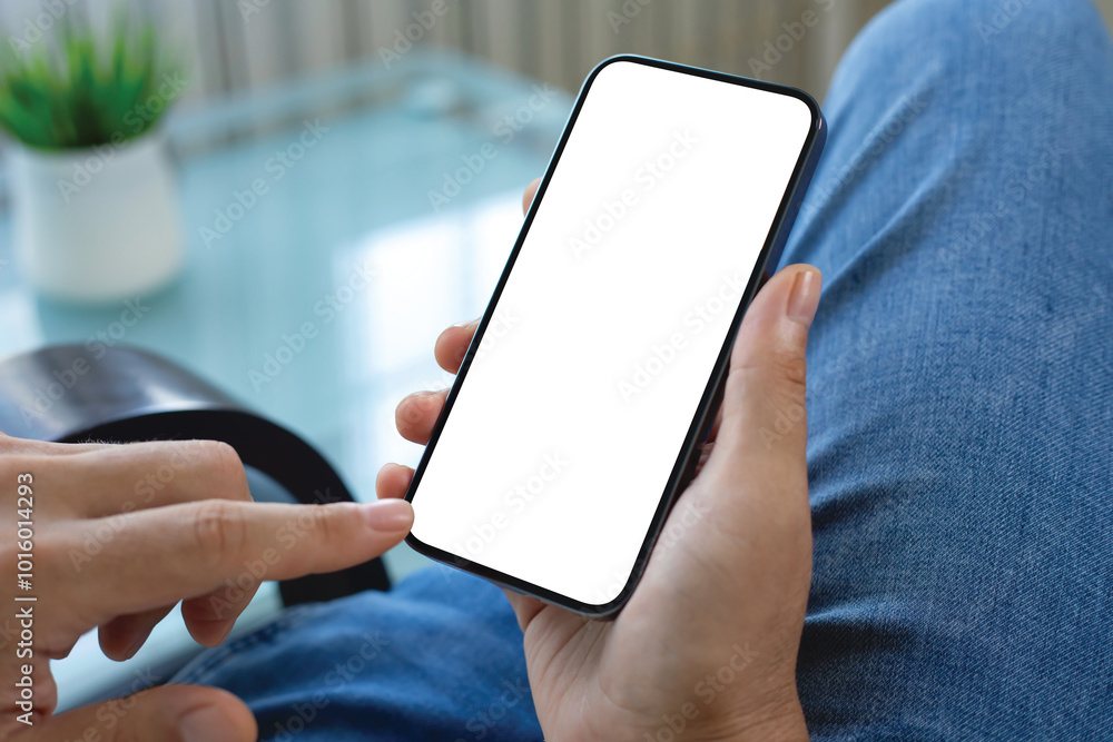 male hands holding phone with isolated screen background blue jeans male hands holding phone with isolated screen background blue jeans